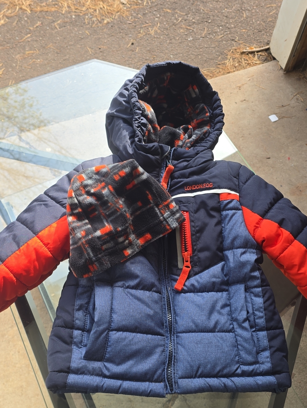 London Fog Navy and Red Kids Puffer Jacket with Plaid Hat